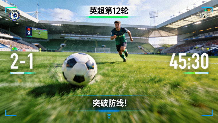 足球赛事直播画面，球员在绿茵场上带球推进