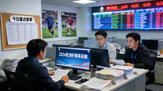 体育新闻编辑室场景，赛事资讯内容正在整理发布
